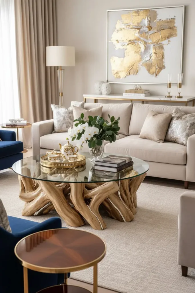 Driftwood coffee table in coastal living room
