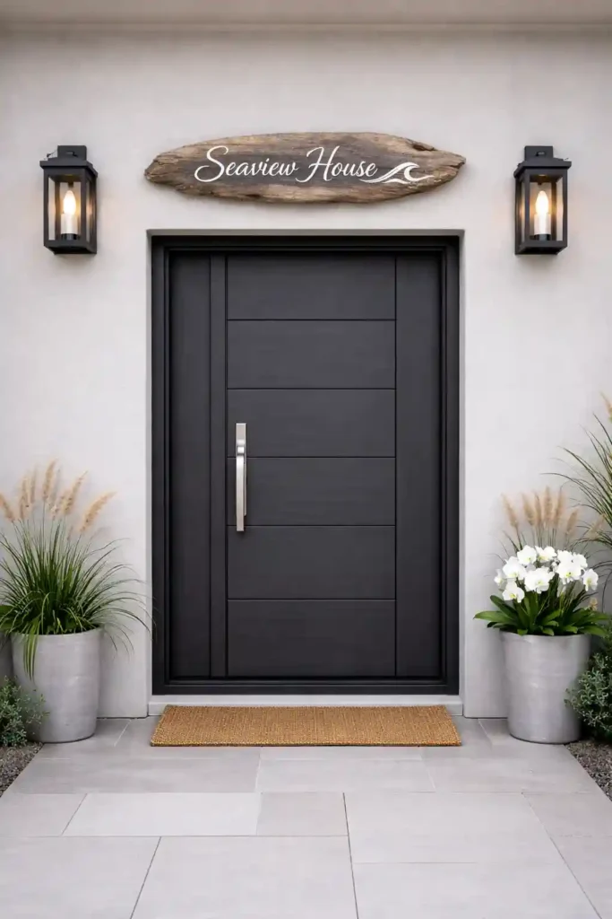 Painted driftwood entryway welcome sign
