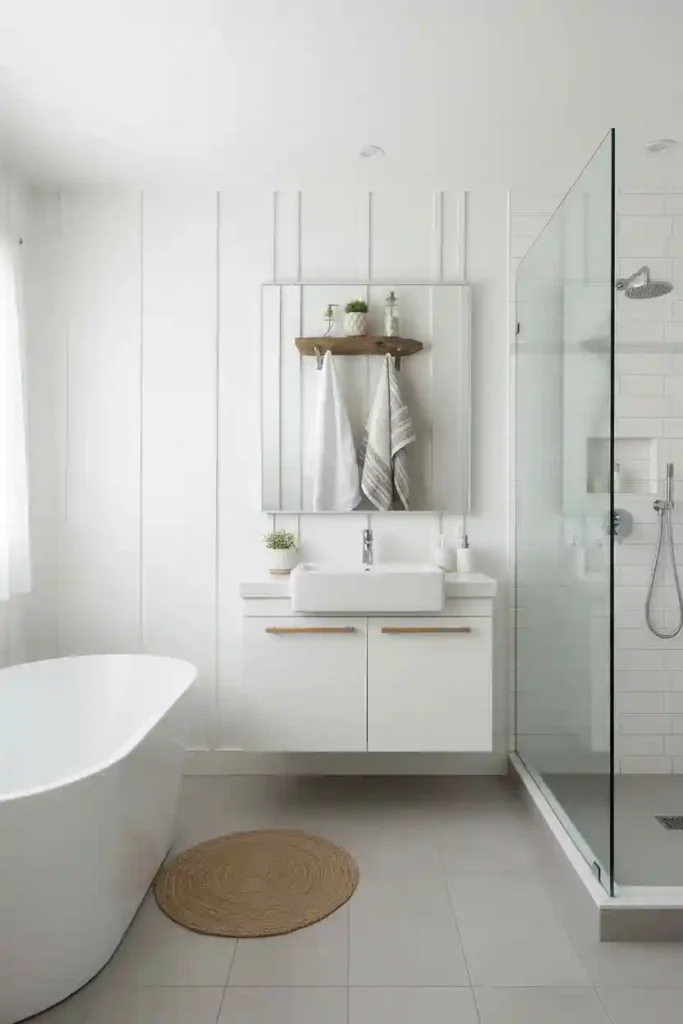 Driftwood towel rack on bathroom wall
