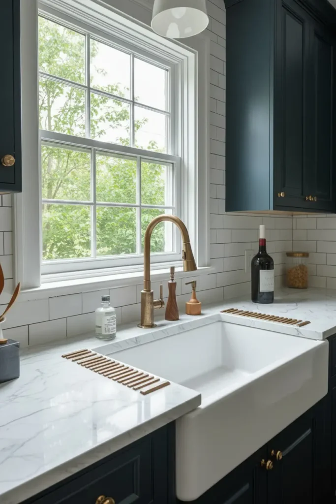 Earthenware basin sink in whitewashed cottage kitchen
