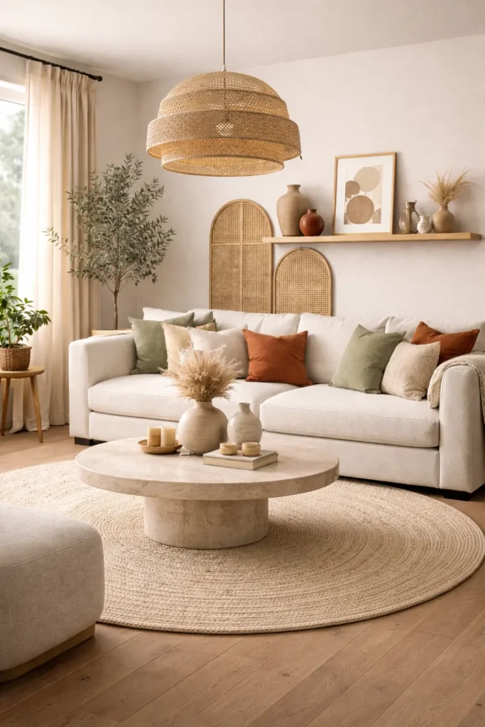 Room decorated in earthy boho tones