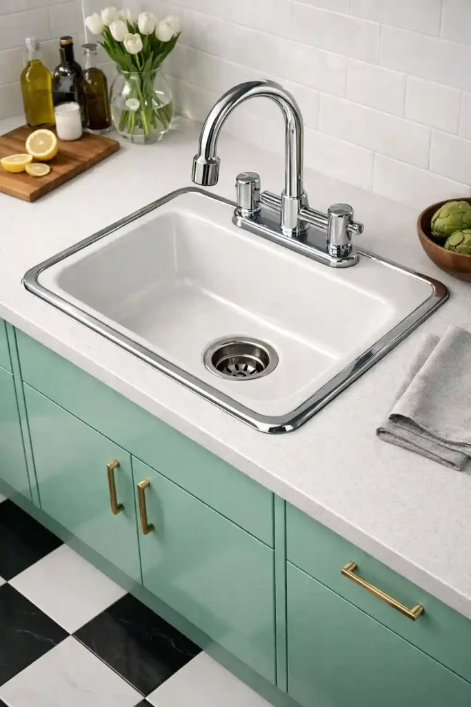 Mint green enamel drop-in retro kitchen sink
