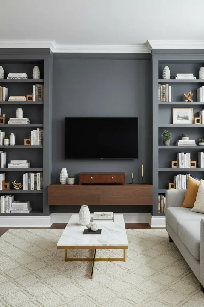 Faux built-in bookcases flanking living room TV