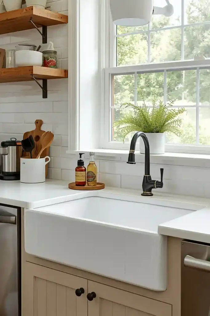 Ivory fireclay apron sink in vintage kitchen

