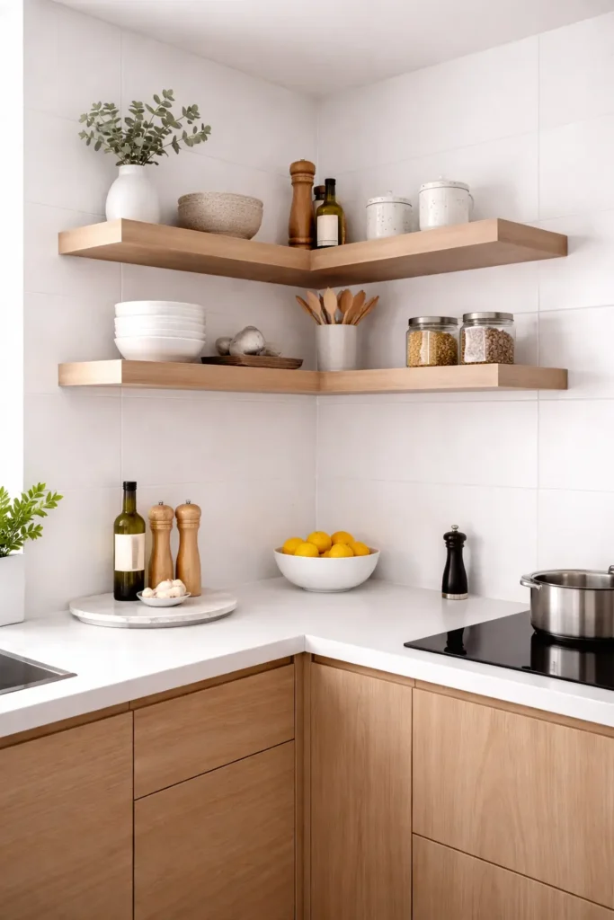 Floating L-shaped corner kitchen shelves with hidden wall mounts