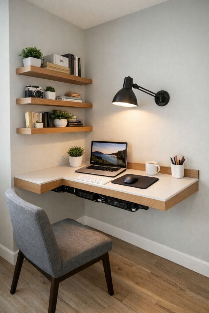 Wall-mounted floating desk with shelves and task lighting in a bedroom corner