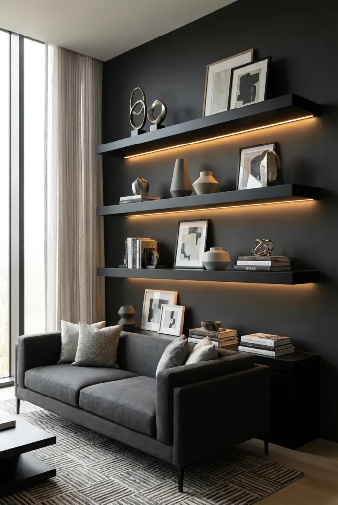 black floating shelves styled with books and plants