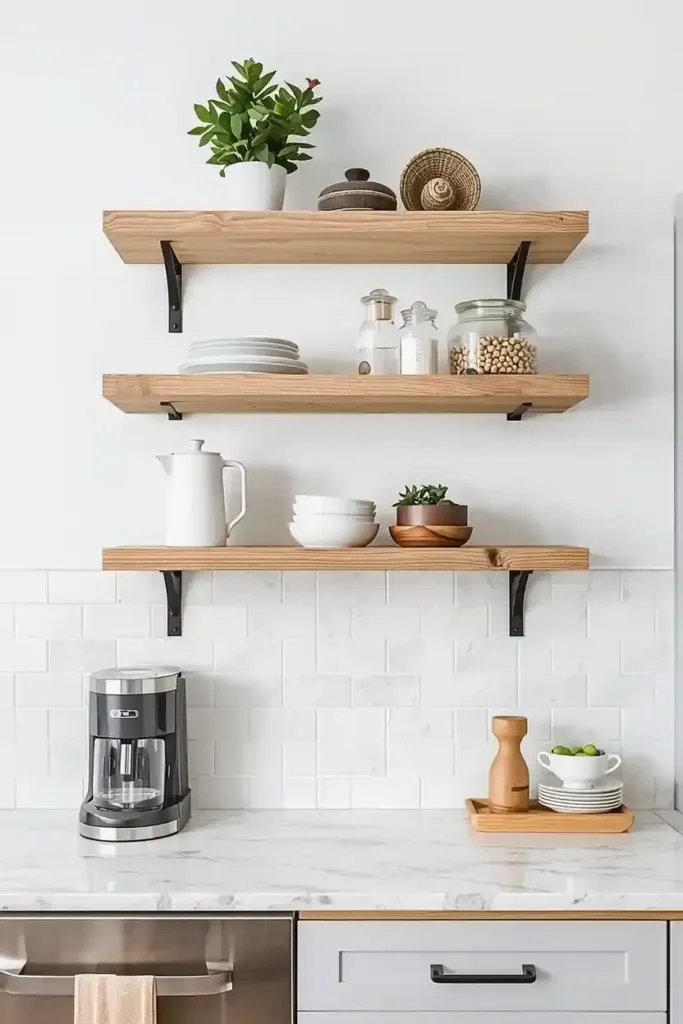 Floating kitchen shelf with hidden wall brackets and minimalist design