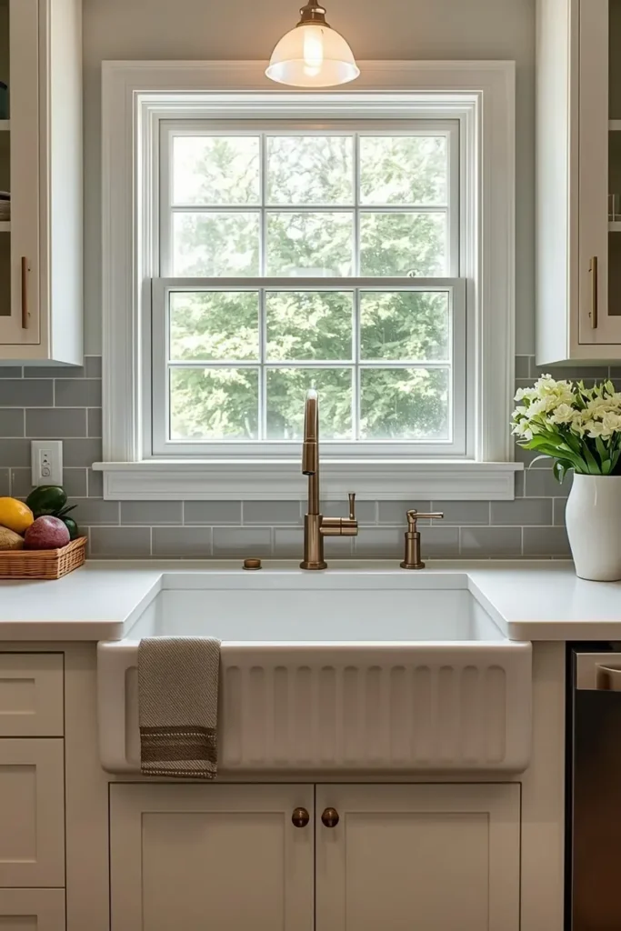 Fluted apron sink with vertical groove detailing
