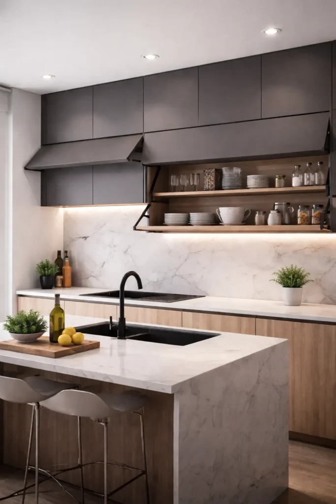 Space-saving fold-down kitchen shelf closed flat against wall