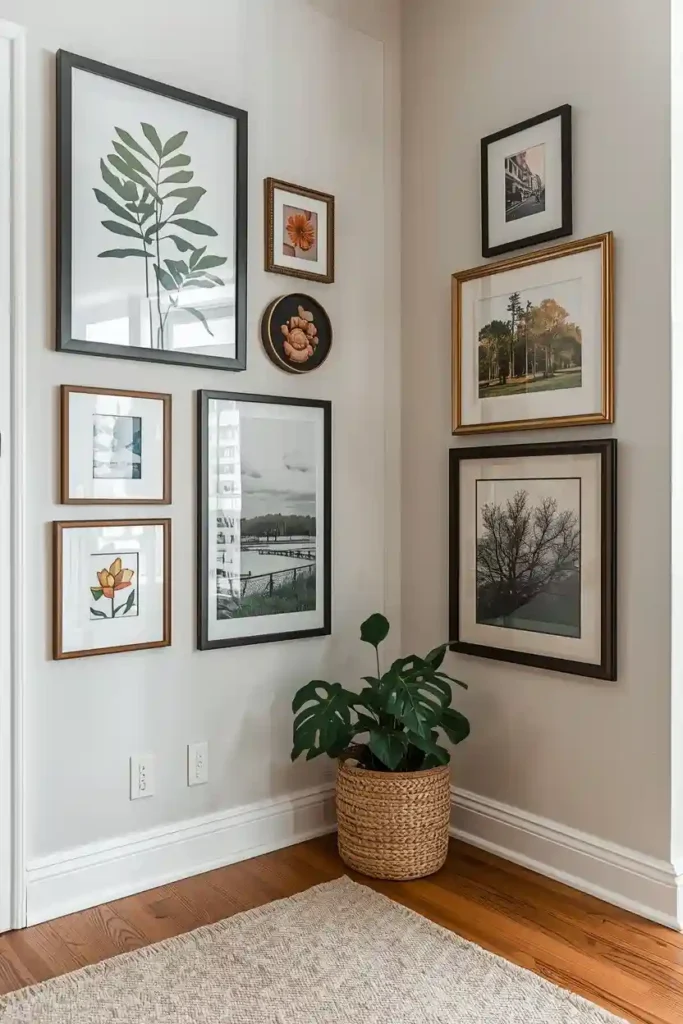 Corner gallery wall with mixed frame sizes and various artwork pieces creating visual interest