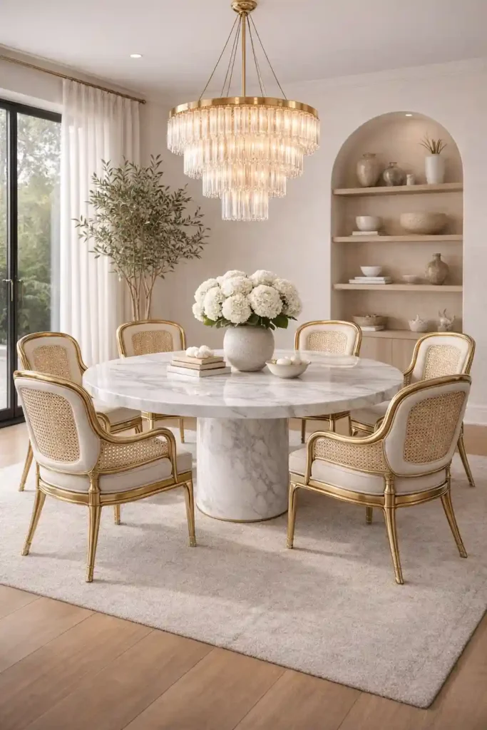 Round marble table with rattan chairs