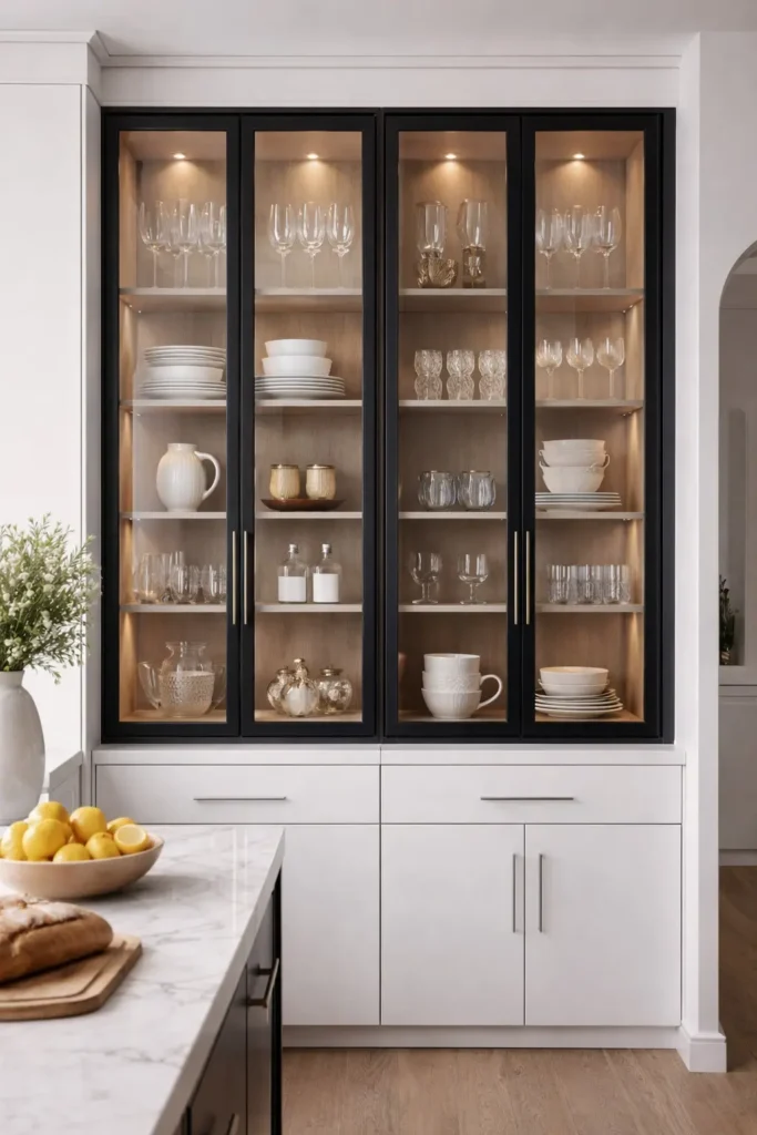 Kitchen cabinet shelving behind glass-front doors protecting dishware