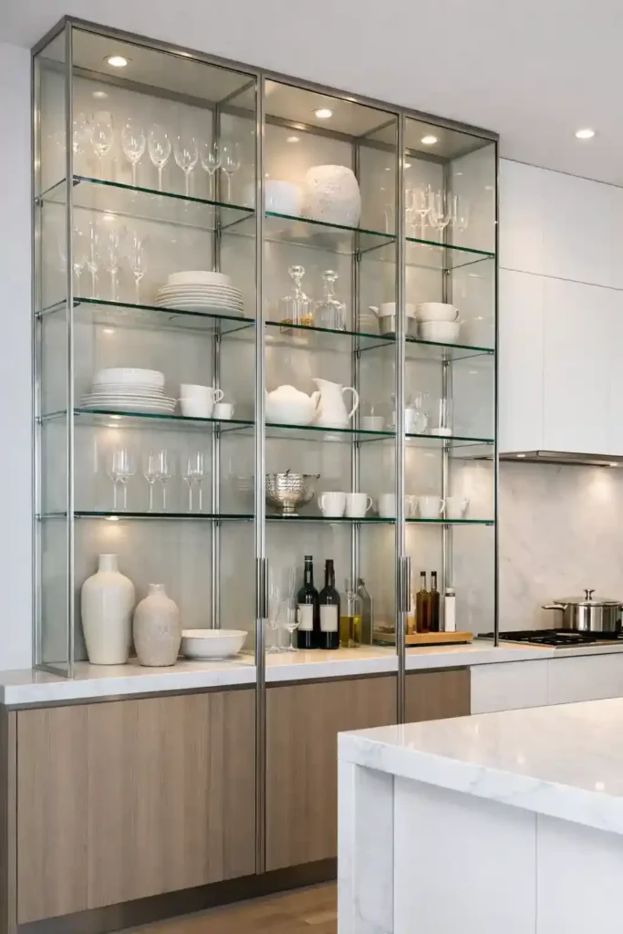 Transparent glass kitchen shelves displaying elegant dishware