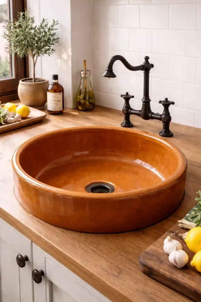 Glazed terracotta sink with mosaic tile walls
