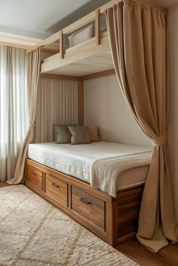 Low platform bed with futon mattress and privacy curtain for guest sleeping area