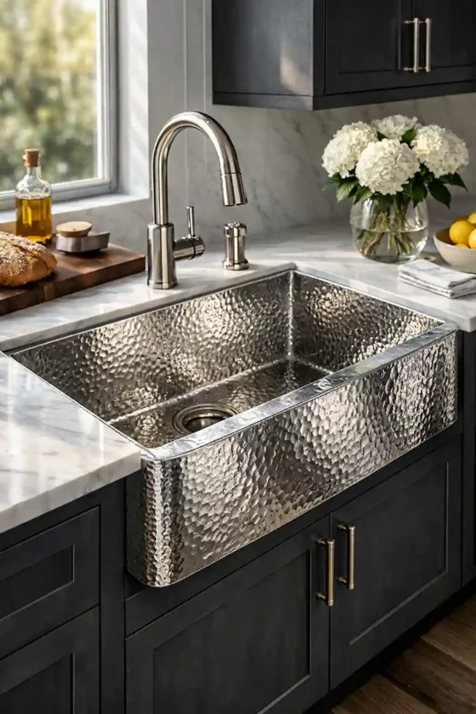 Hammered nickel farmhouse sink with textured surface
