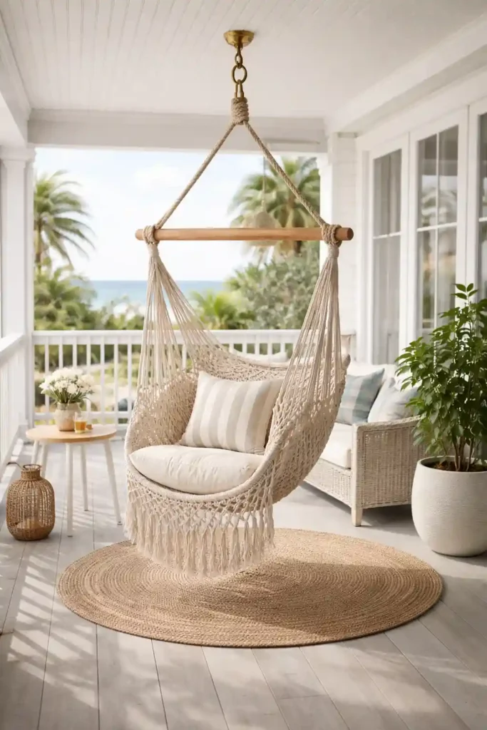 Rope hammock chair hanging on covered porch
