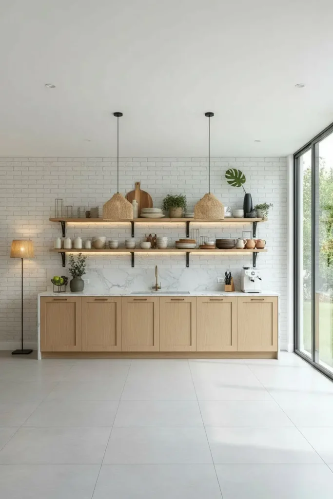 Handmade ceramic mugs on open shelves