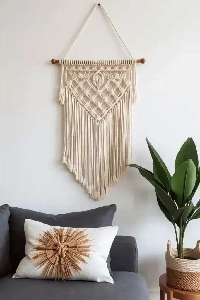 Macramé wall hanging on modern wall