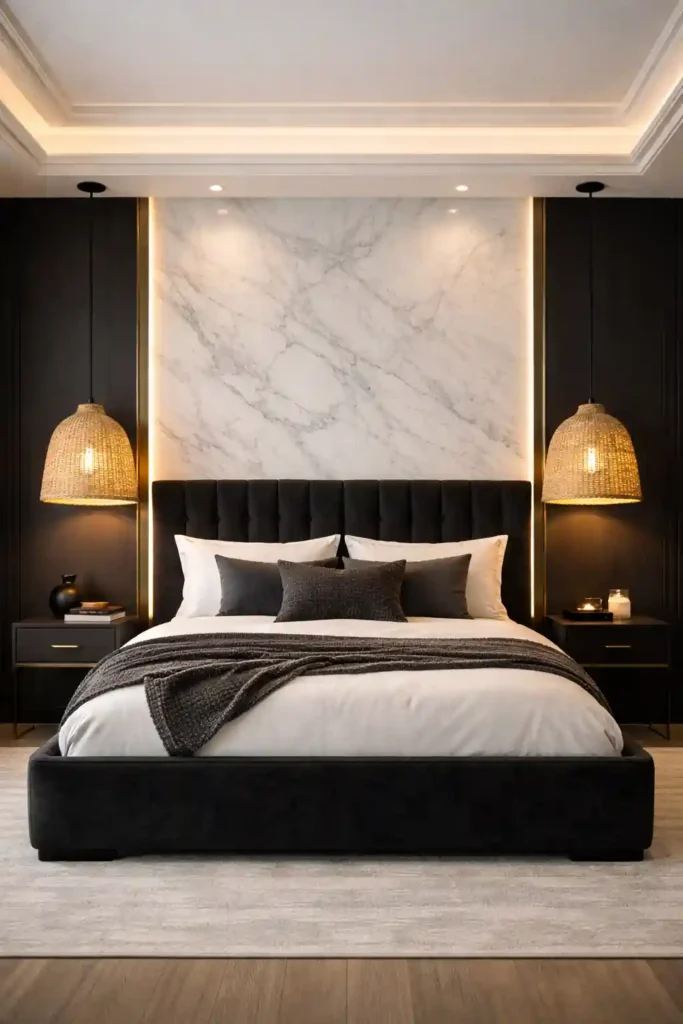 Rattan pendant lights beside bed