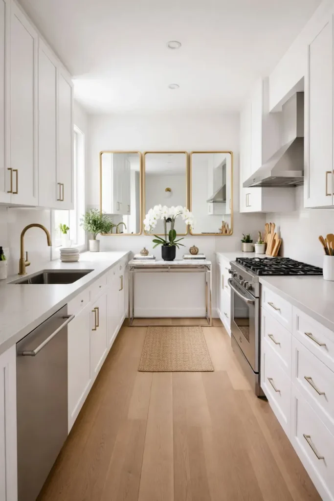 Large mirror on kitchen wall
