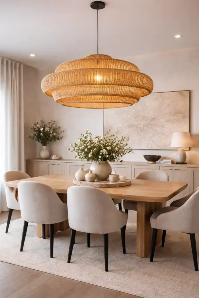 Rattan pendant light above dining table