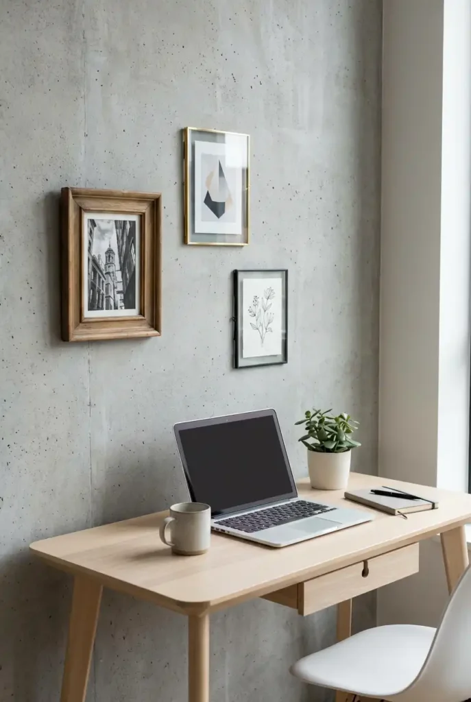 Small frames wall behind desk