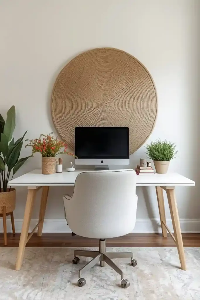 Woven wall panel behind office desk