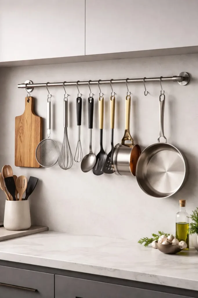 Wall-mounted hanging rod with S-hooks holding pots and utensils
