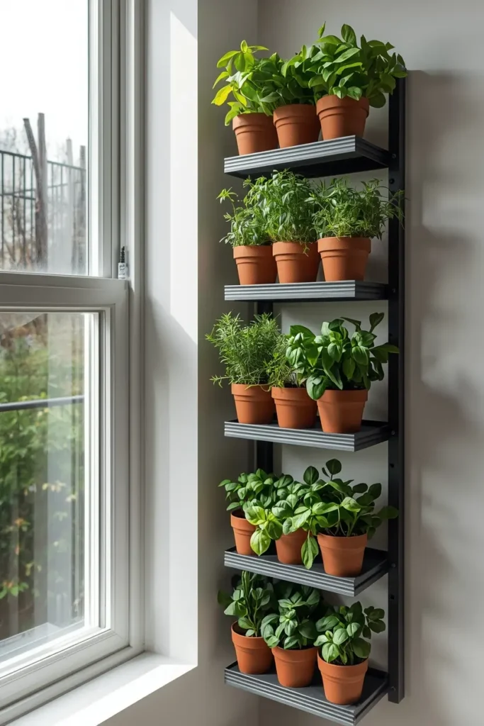Vertical kitchen wall shelves holding potted fresh herb plants