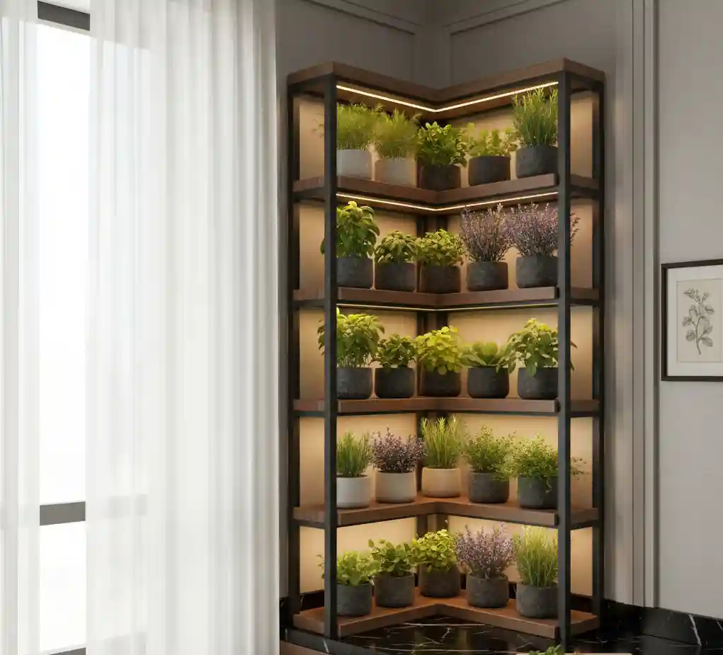 Tiered corner shelving with potted herbs and grow lights for fresh herb gardening indoors