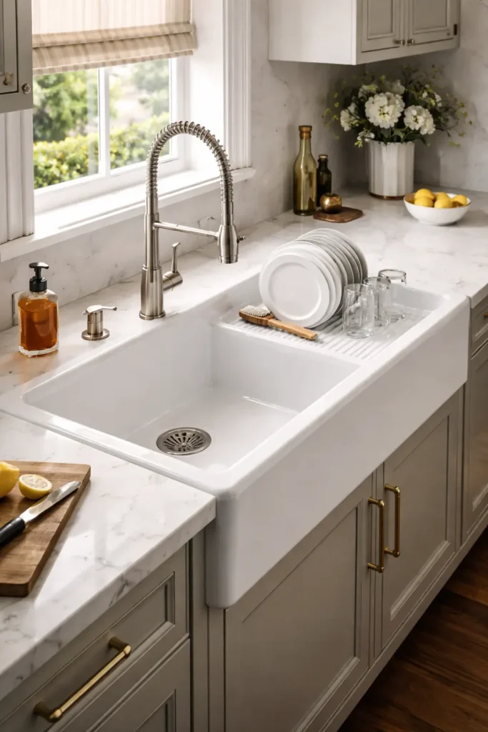 White enamel sink with built-in drainboard
