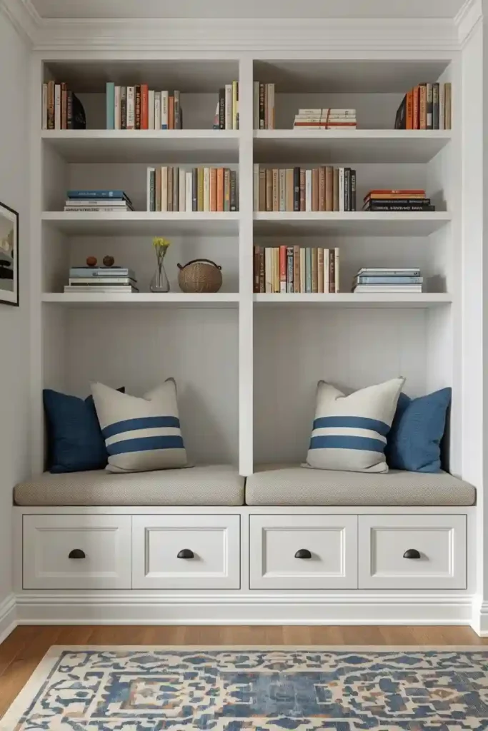 Bench seat with storage underneath and shelves above for books and display items