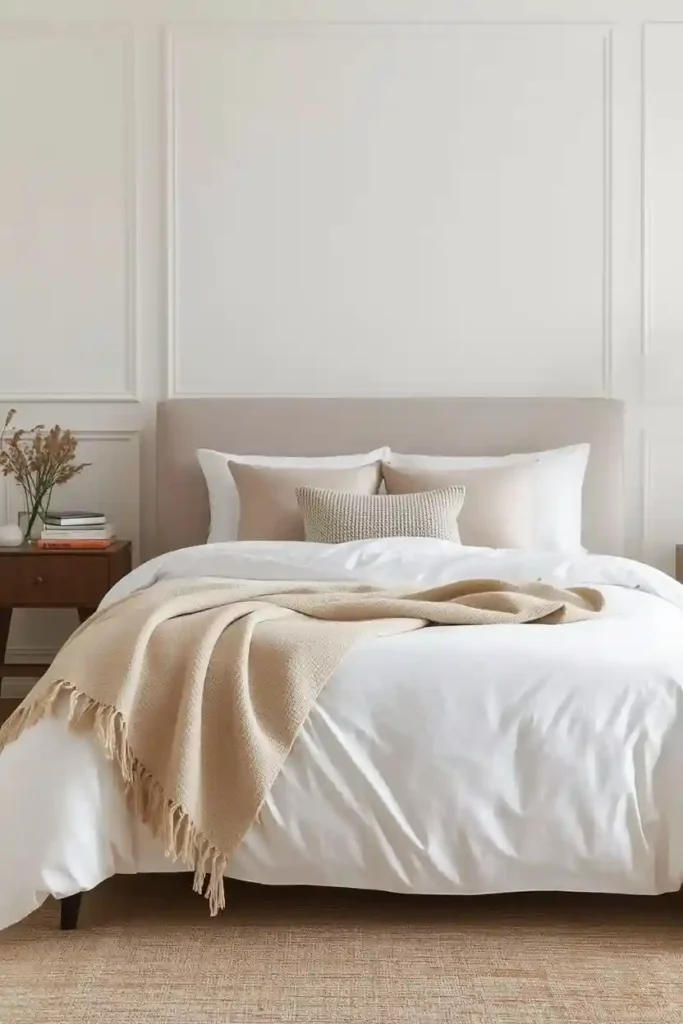 Layered white bedding with woven throw