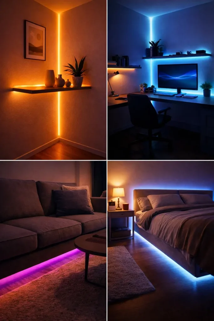 Color-changing LED strips installed along corner shelves creating ambient lighting effects