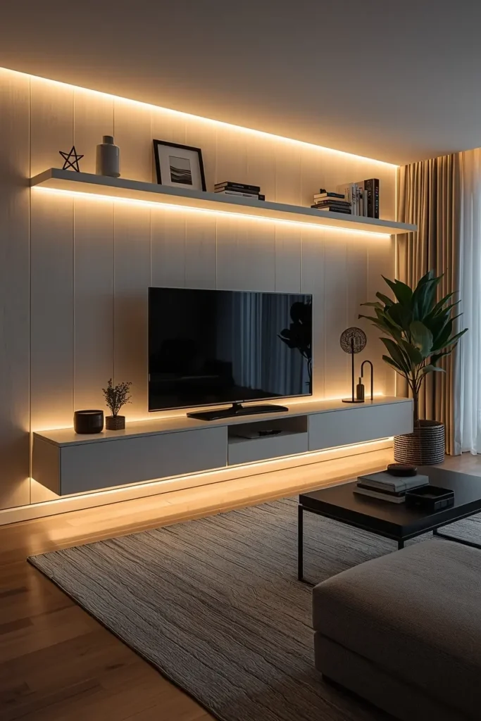LED strip lighting glowing behind floating shelf