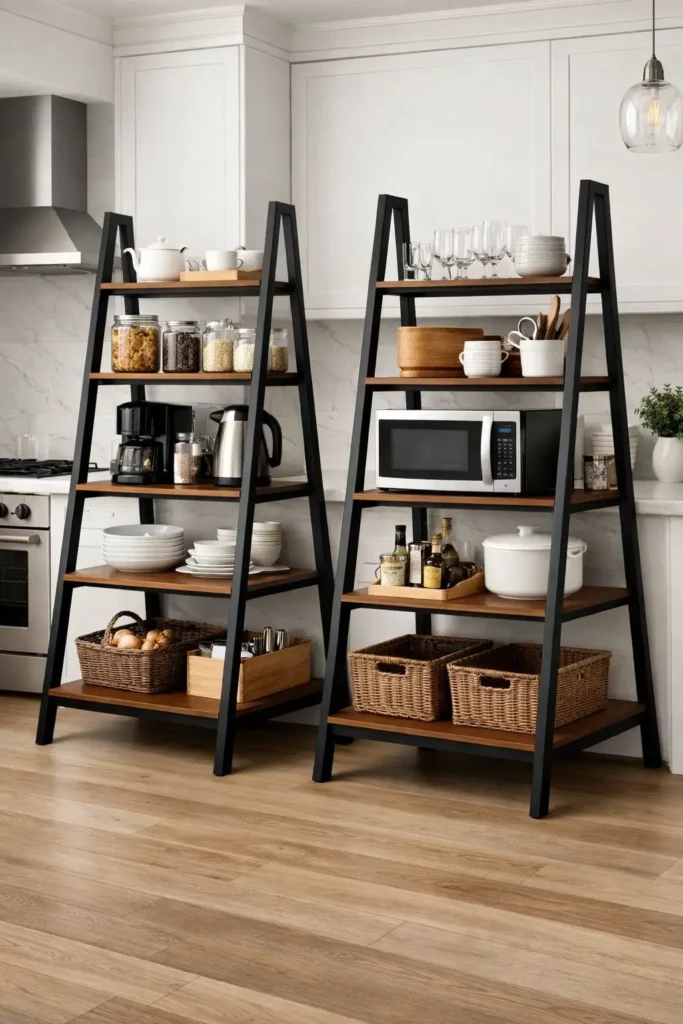Freestanding ladder-style kitchen shelving unit with multiple tiers