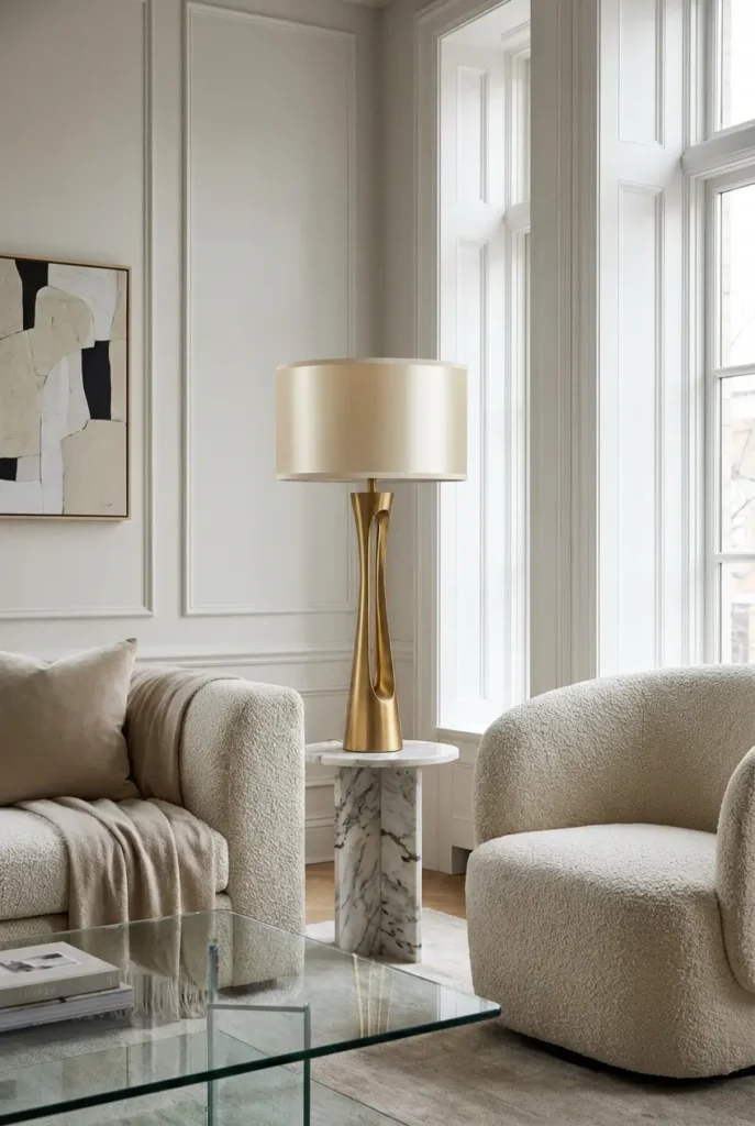 Updated fabric lampshade on modern table lamp