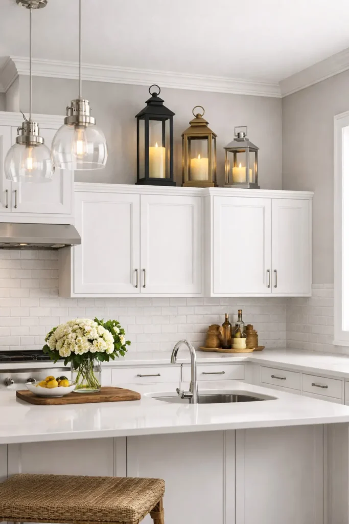 Metal lanterns with candles above cabinets
