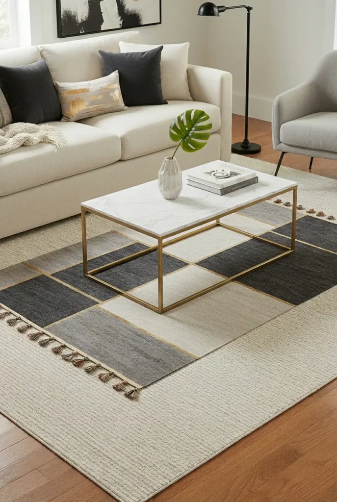 Layered jute and patterned rugs on floor