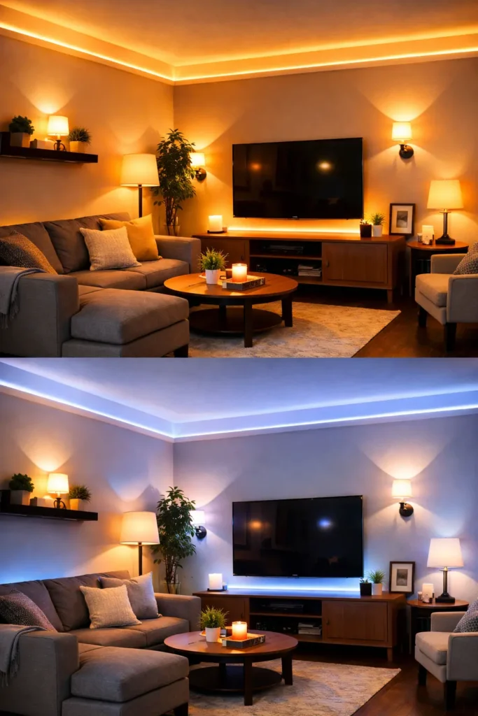 Corner with multiple light sources including wall sconce, LED strips, and dimmable bulbs
