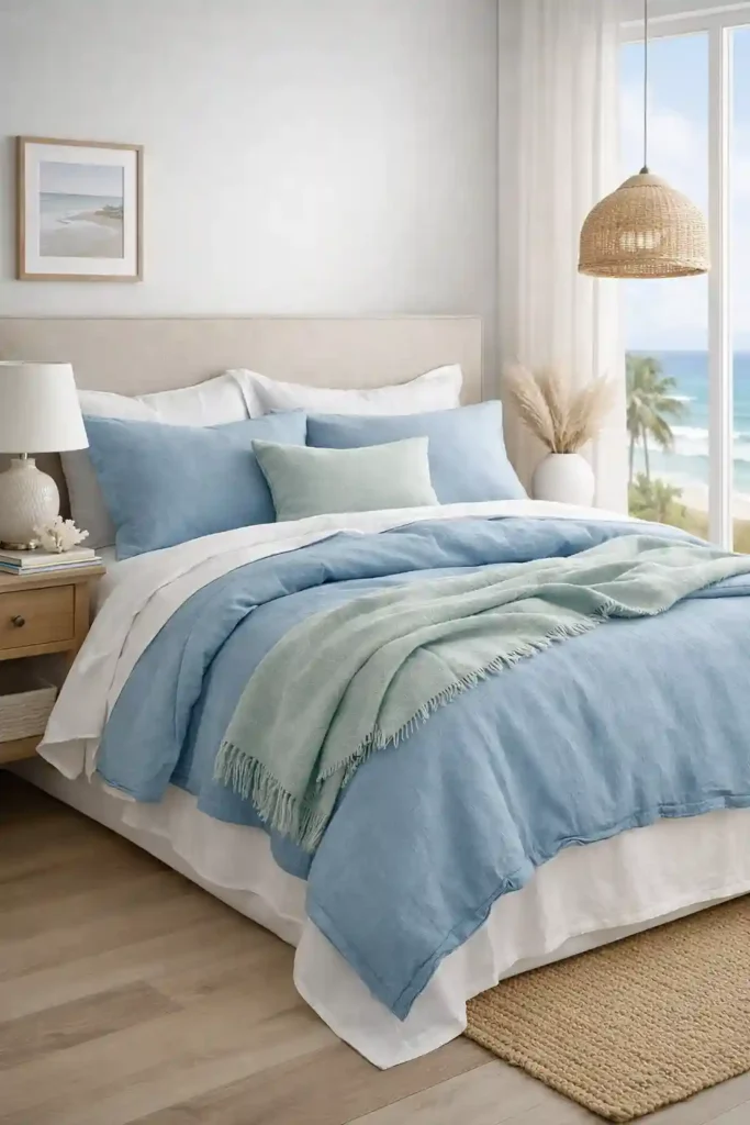 Linen bedding in pale blue and white

