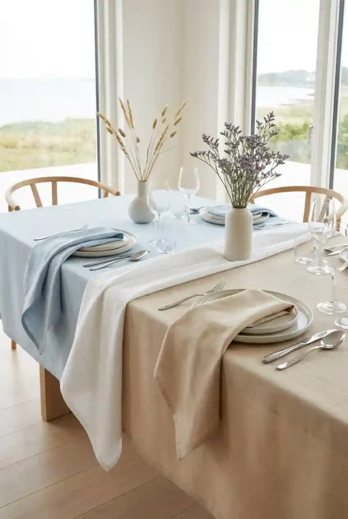 Linen tablecloth and napkins in coastal tones
