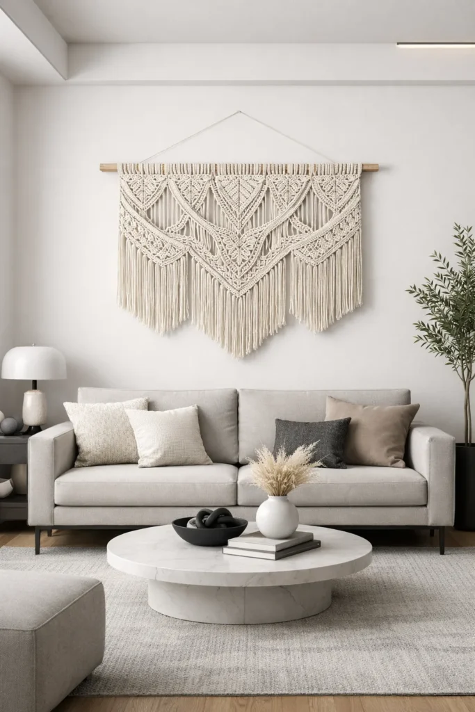 Macramé wall hanging above sofa
