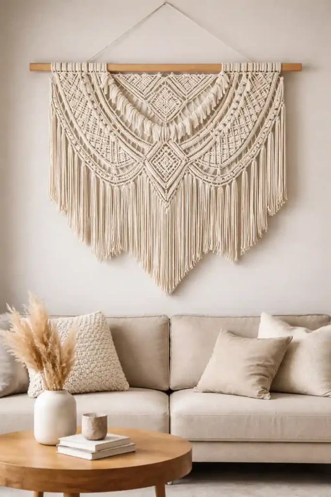 Macramé wall hanging above sofa
