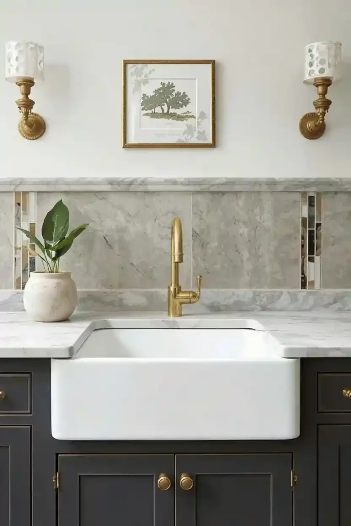 Carrara marble undermount sink with brass taps
