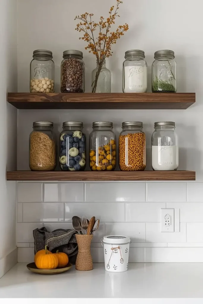 Mason jars with seasonal items above cabinets
