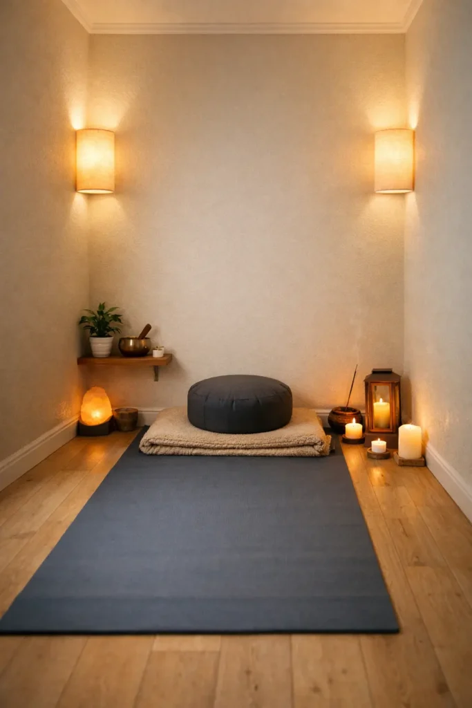 Calm corner meditation space with yoga mat, cushion, soft lighting, and candles