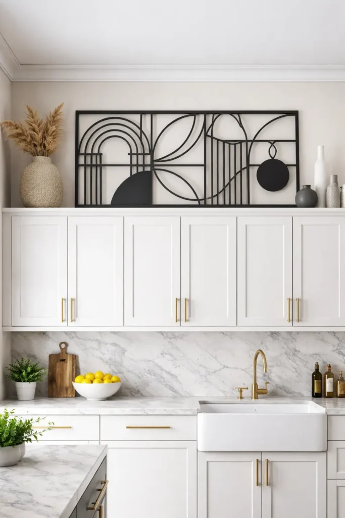 Metal wall art leaned above kitchen cabinets
